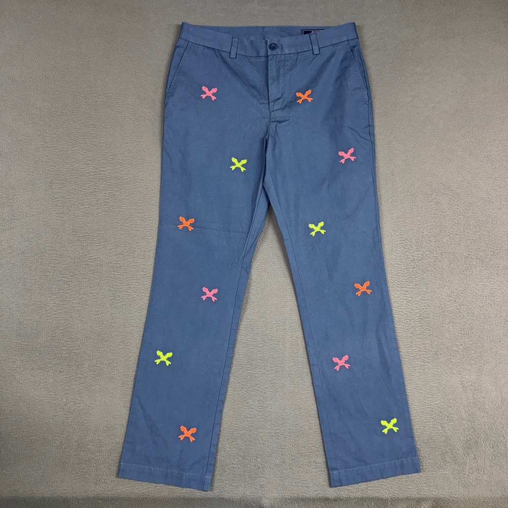 Vineyard Vines Pants Mens 33x32 Blue Preppy Neon Fish Bone Embroidered Chino